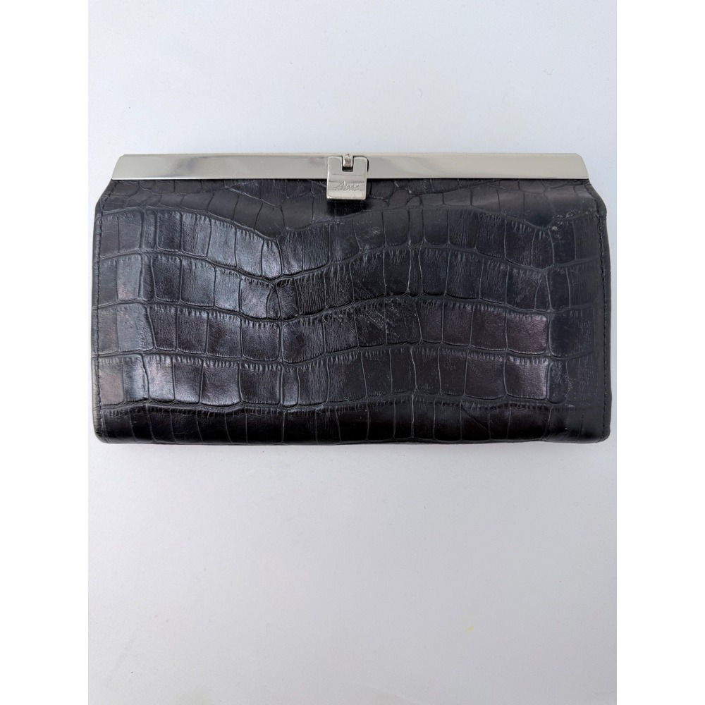 ABAS Alligator Embossed Leather Frame Wallet French Plonge Lambskin Lined Black